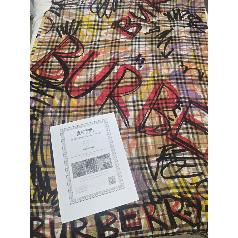 Burberry London Graffiti Check Oversized Scarf Wrap Fringe Authenticated